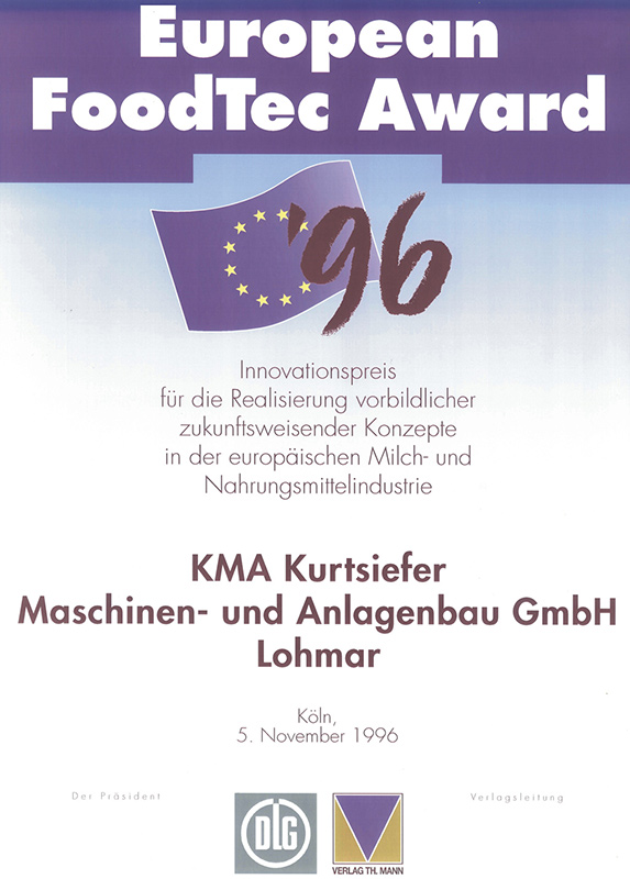 Urkunde des Innovationspreises European Foodtec Award verliehen an KMA im Jahr 1996